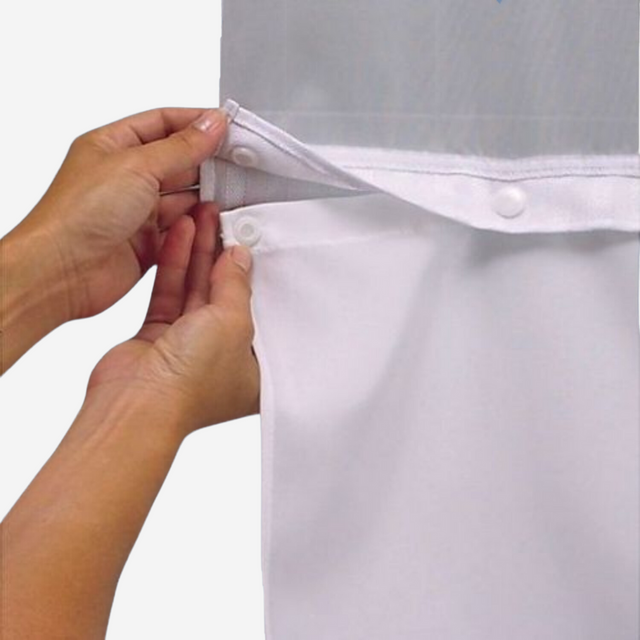White hookless hotel shower curtain with liner