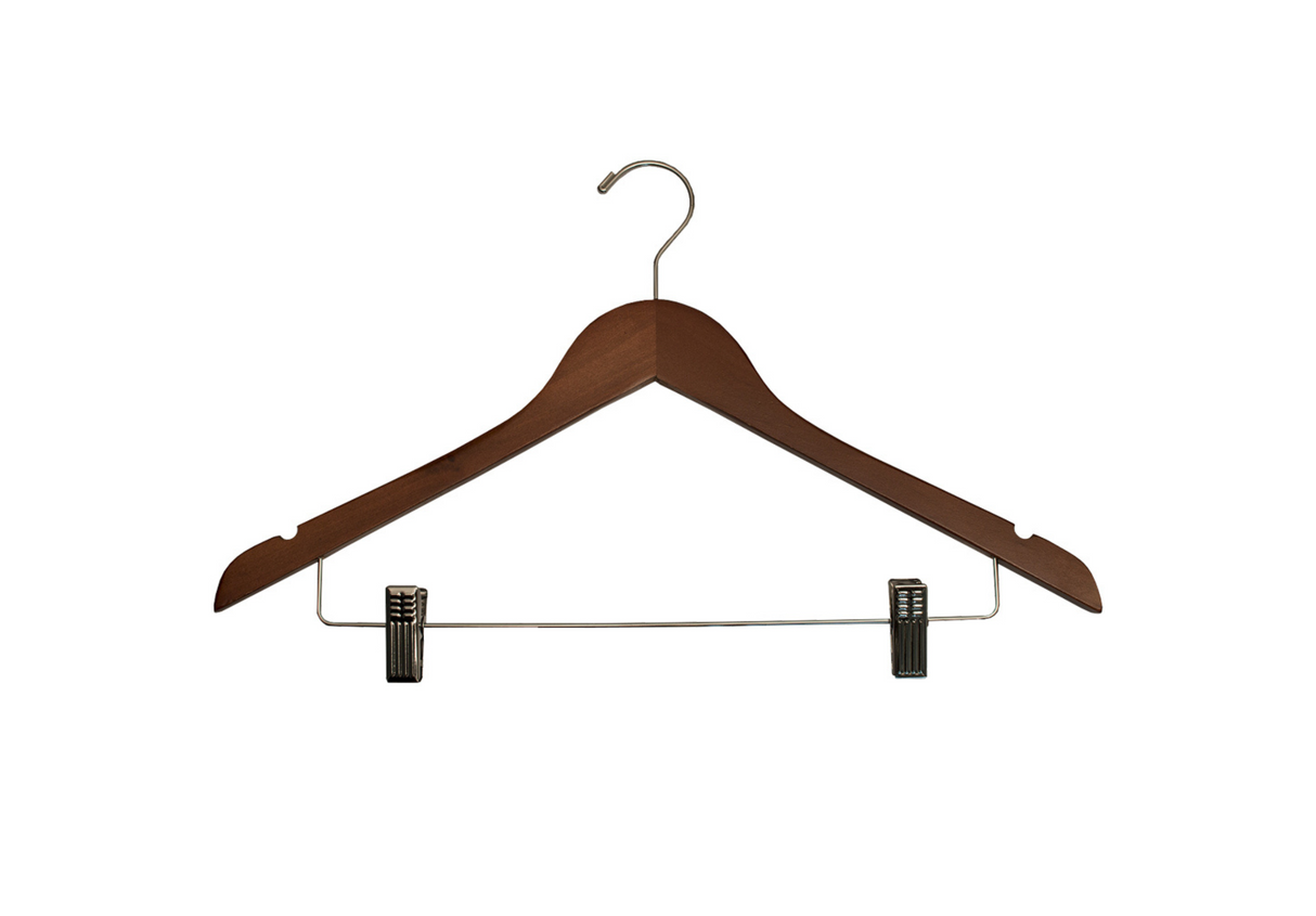 Hotel dark wood hanger with clips