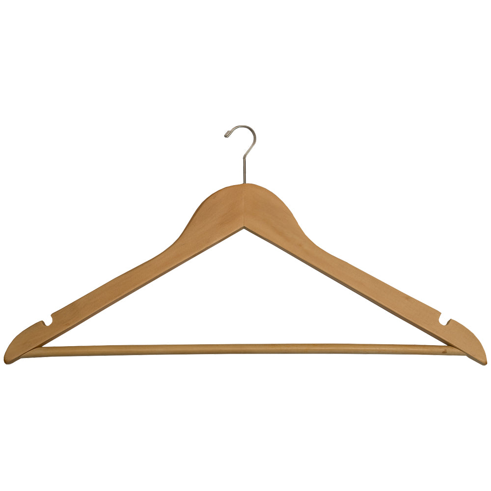 Hotel wood hanger with a mini hook on a white background